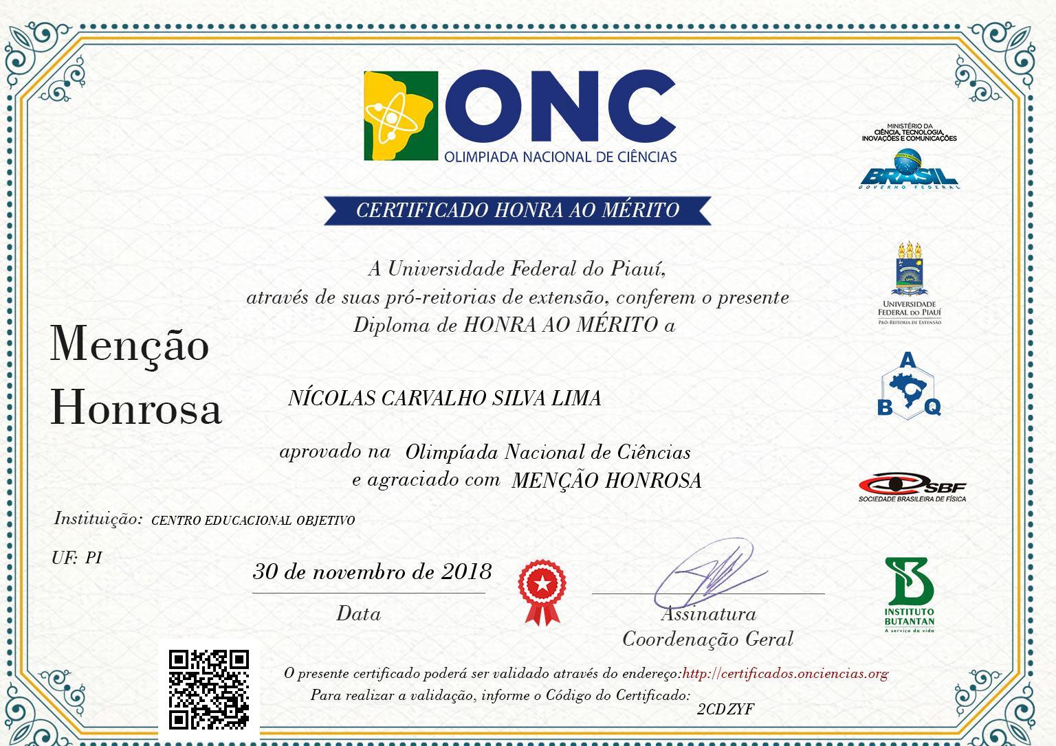 Certificado de NÍCOLAS CARVALHO SILVA LIMA - MENÇÃO HONROSA