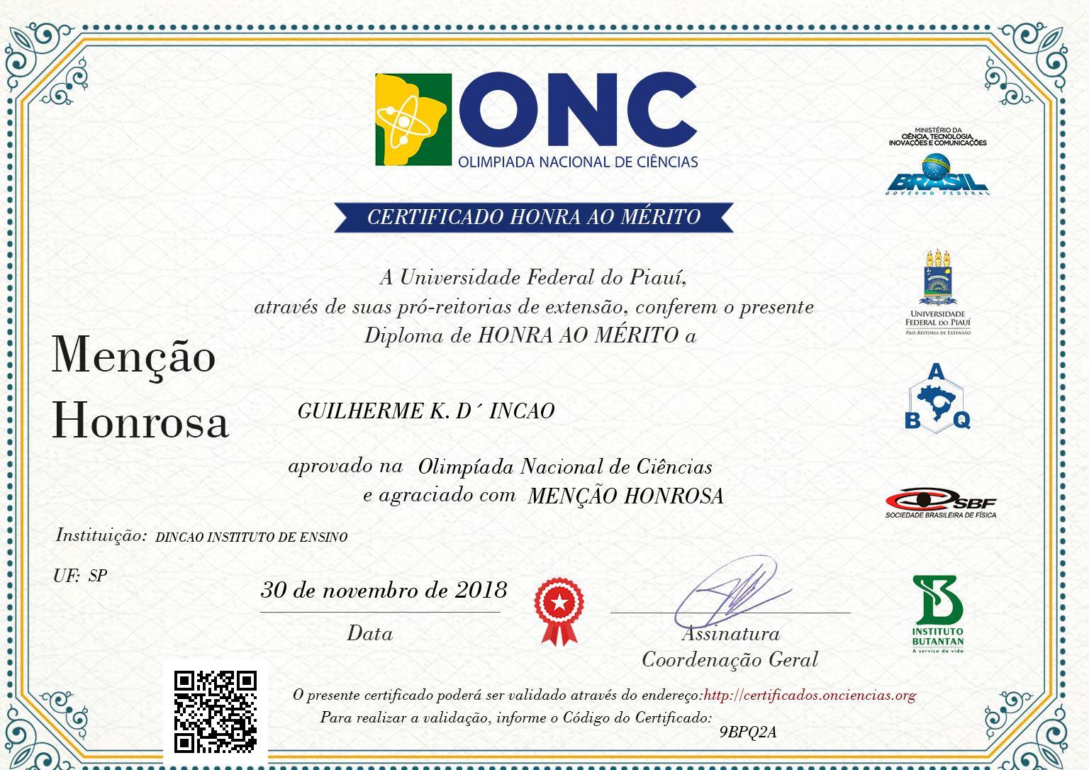 Certificado de GUILHERME K. D´ INCAO - MENÇÃO HONROSA