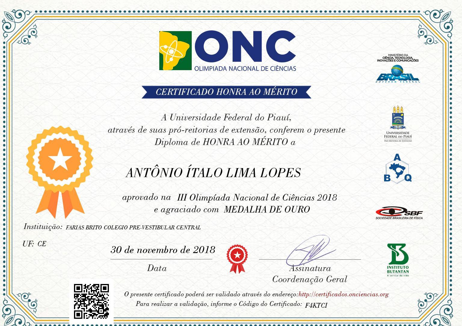 Certificado de ANTÔNIO ÍTALO LIMA LOPES - MEDALHA DE OURO