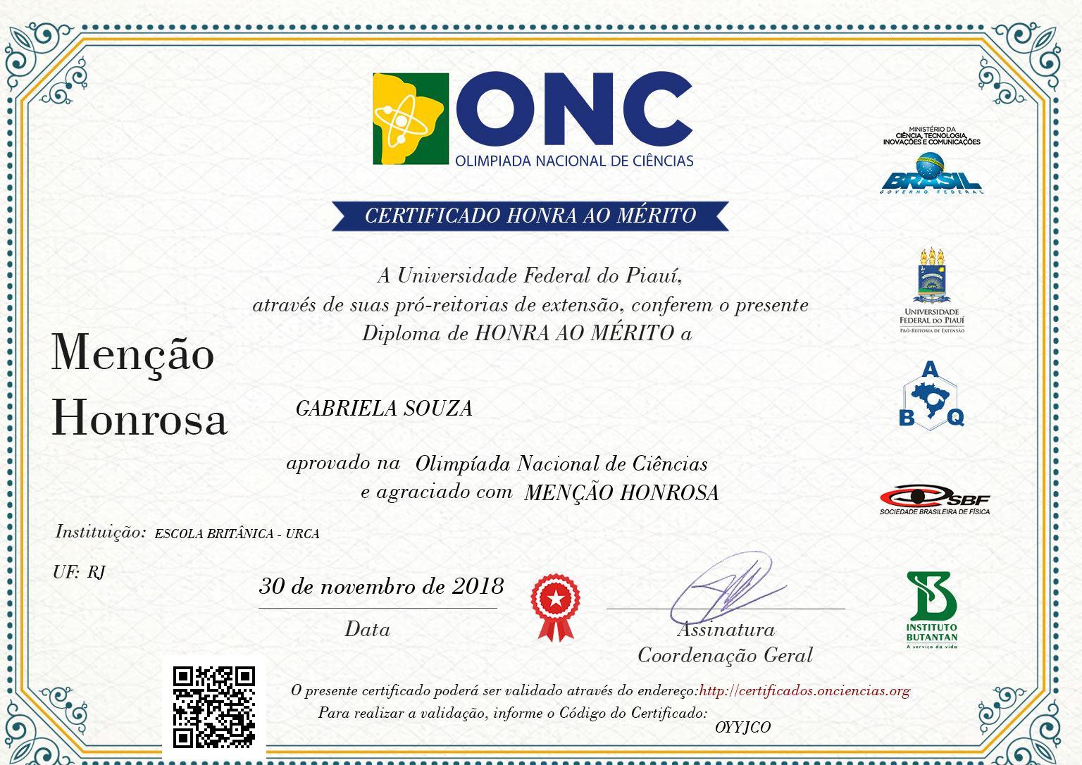 Certificado de GABRIELA SOUZA - MENÇÃO HONROSA