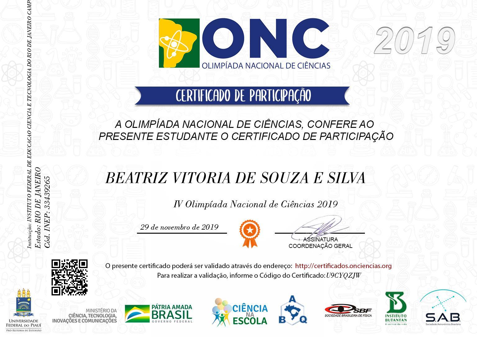 Certificado de BEATRIZ VITORIA DE SOUZA E SILVA - CERTIFICADO DE  PARTICIPAÇÃO