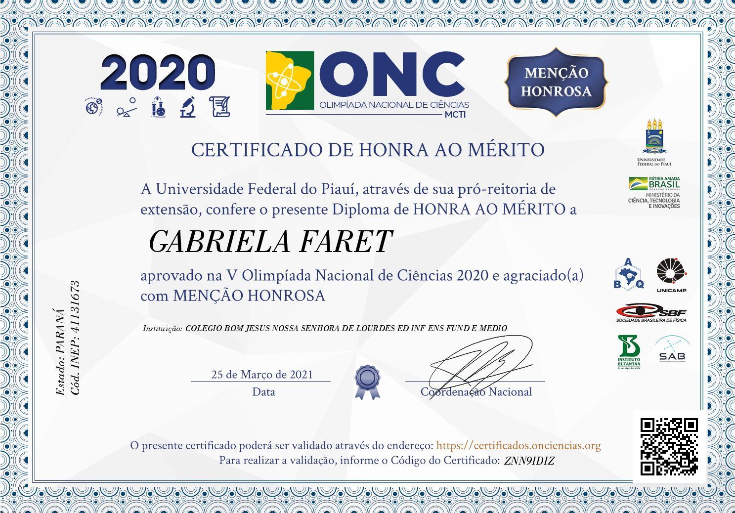 Certificado de GABRIELA FARET - MENÇÃO HONROSA